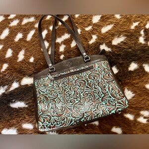 Patricia Nash Poppy Turquoise Tooled Leather Western BoHo Indie Tote Large Purse